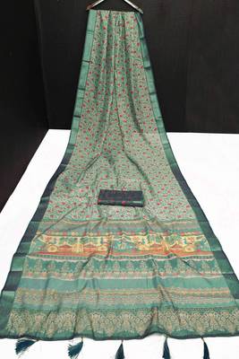 sea green shimmer handloom cotton blend saree tonal print 3