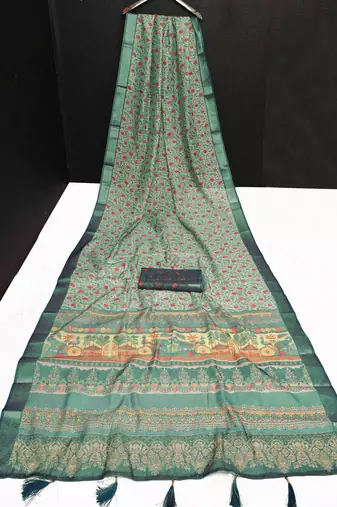 sea green shimmer handloom cotton blend saree tonal print