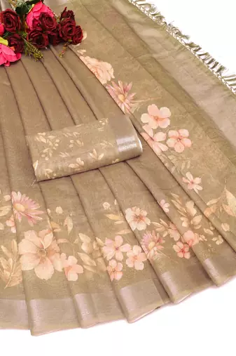 brown multicolor shimmer handloom cotton blend digital print saree