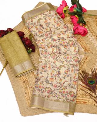 olive beige shimmer handloom cotton blend saree with floral print (t sfhcs308) 1