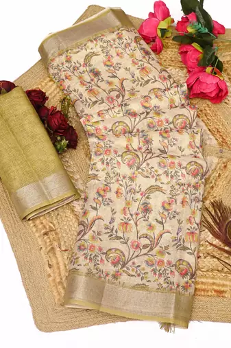olive beige shimmer handloom cotton blend saree with floral print