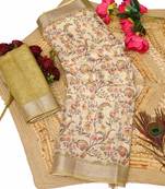 olive beige shimmer handloom cotton blend saree with floral print (t sfhcs308)