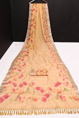 beige multicolor shimmer handloom cotton blend saree with floral print (t sfhcs310) 3