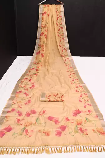 beige multicolor shimmer handloom cotton blend saree with floral print