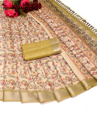 olive beige shimmer handloom cotton blend saree with floral print (t sfhcs308) 2