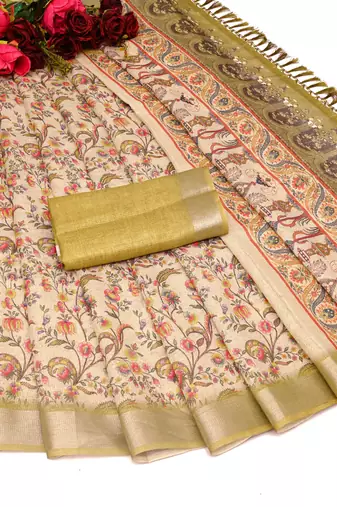olive beige shimmer handloom cotton blend saree with floral print