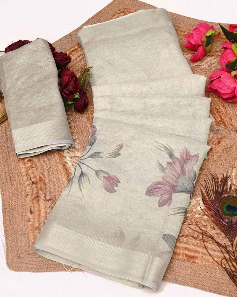 cream multicolor shimmer handloom cotton blend saree with floral border print