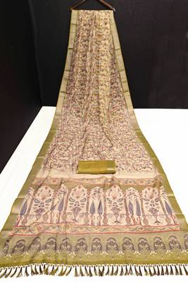 olive beige shimmer handloom cotton blend saree with floral print (t sfhcs308) 3
