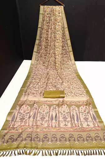 olive beige shimmer handloom cotton blend saree with floral print