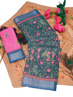 teal pink shimmer handloom cotton blend saree floral print 1