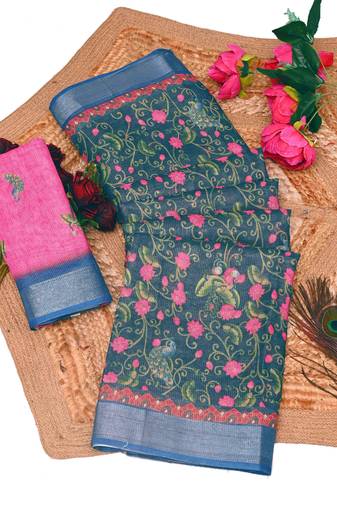 teal pink shimmer handloom cotton blend saree floral print
