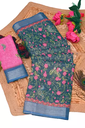 teal pink shimmer handloom cotton blend saree floral print