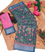 teal pink shimmer handloom cotton blend saree floral print