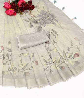 cream multicolor shimmer handloom cotton blend saree with floral border print 2