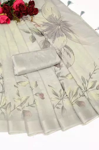 cream multicolor shimmer handloom cotton blend saree with floral border print