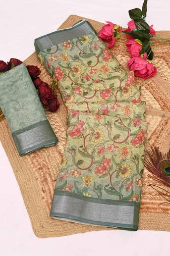beige olive shimmer handloom cotton blend saree with floral print (t sfhcs303)