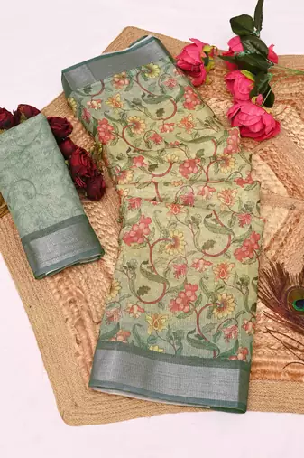 beige olive shimmer handloom cotton blend saree with floral print