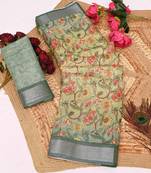 beige olive shimmer handloom cotton blend saree with floral print (t sfhcs303)