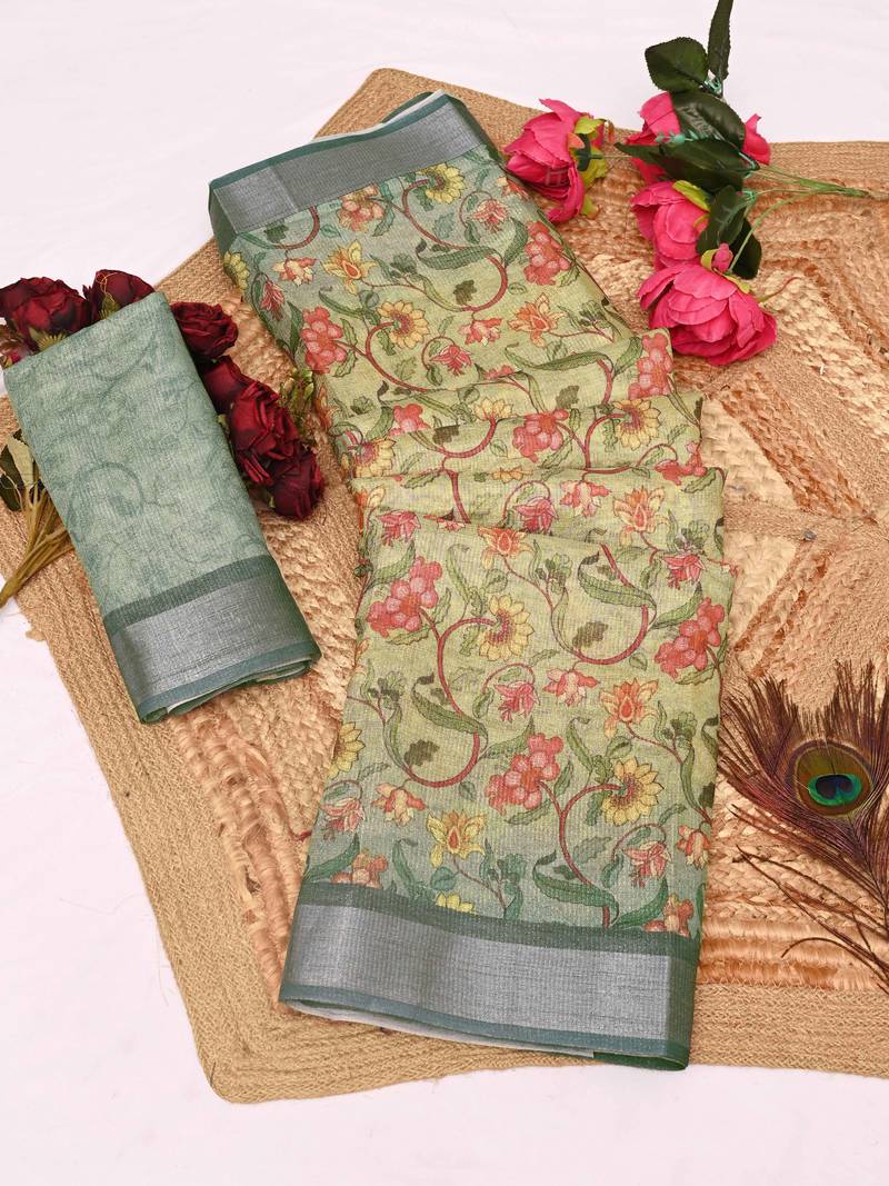 beige olive shimmer handloom cotton blend saree with floral print (t sfhcs303)