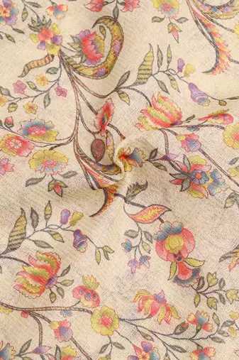 olive beige shimmer handloom cotton blend saree with floral print