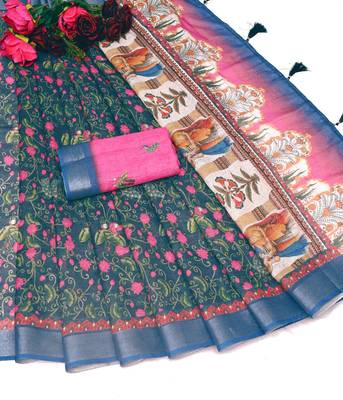 teal pink shimmer handloom cotton blend saree floral print 2