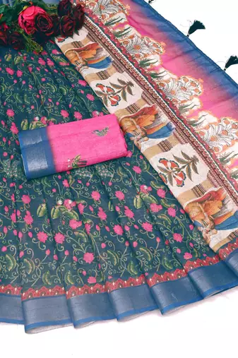 teal pink shimmer handloom cotton blend saree floral print