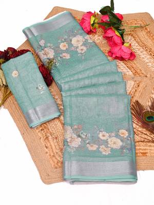 sea green multicolor shimmer handloom cotton blend saree with floral print 1