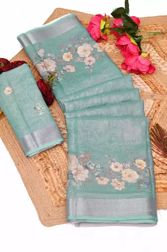 sea green multicolor shimmer handloom cotton blend saree with floral print
