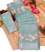 sea green multicolor shimmer handloom cotton blend saree with floral print