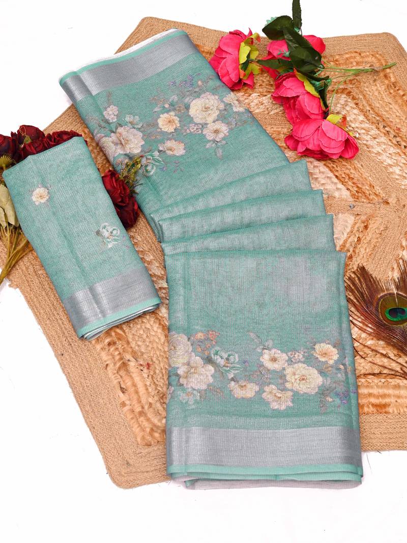 sea green multicolor shimmer handloom cotton blend saree with floral print