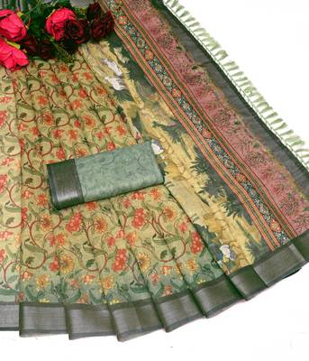 beige olive shimmer handloom cotton blend saree with floral print (t sfhcs303) 2