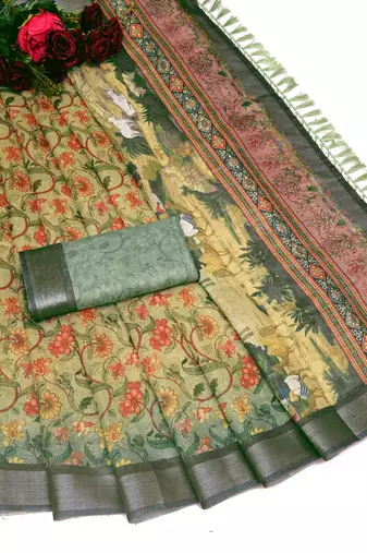 beige olive shimmer handloom cotton blend saree with floral print