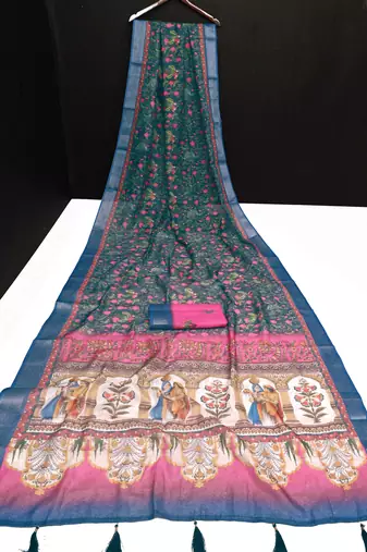 teal pink shimmer handloom cotton blend saree floral print
