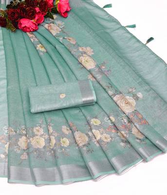sea green multicolor shimmer handloom cotton blend saree with floral print 2
