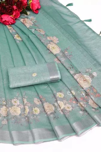 sea green multicolor shimmer handloom cotton blend saree with floral print