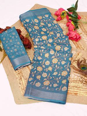 teal multicolor shimmer handloom cotton blend saree floral print 1