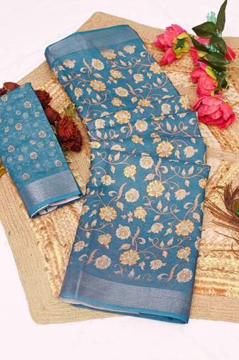 teal multicolor shimmer handloom cotton blend saree floral print