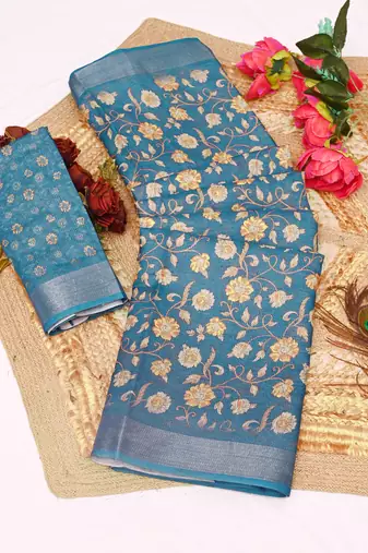 teal multicolor shimmer handloom cotton blend saree floral print