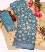 teal multicolor shimmer handloom cotton blend saree floral print