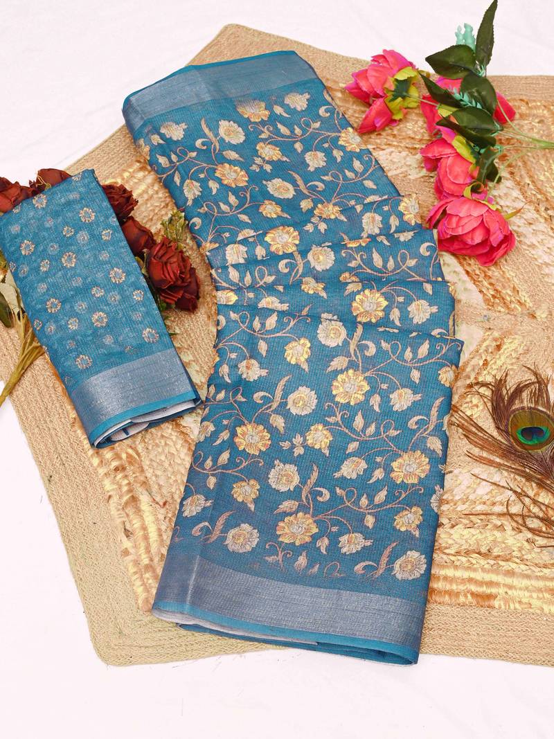 teal multicolor shimmer handloom cotton blend saree floral print