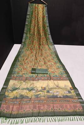 beige olive shimmer handloom cotton blend saree with floral print (t sfhcs303) 3