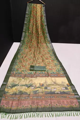 beige olive shimmer handloom cotton blend saree with floral print