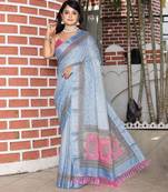 sky blue pink shimmer handloom cotton blend saree with floral print (sfhcs327)