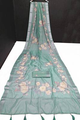 sea green multicolor shimmer handloom cotton blend saree with floral print 3