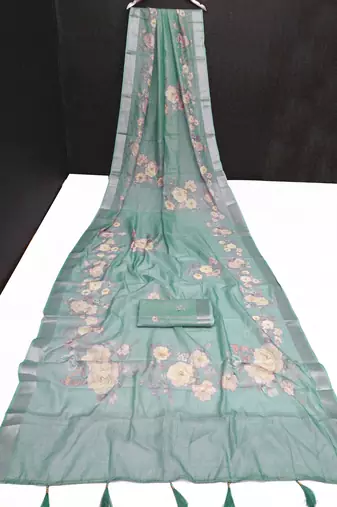 sea green multicolor shimmer handloom cotton blend saree with floral print