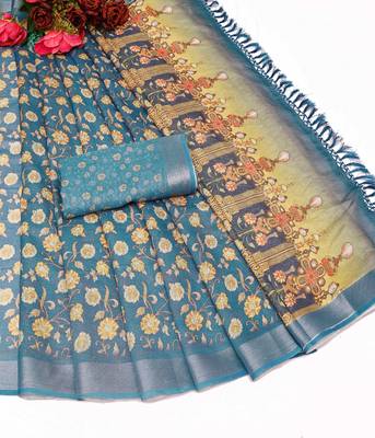 teal multicolor shimmer handloom cotton blend saree floral print 2
