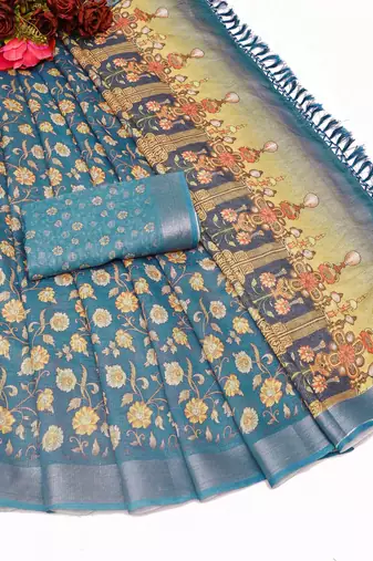 teal multicolor shimmer handloom cotton blend saree floral print