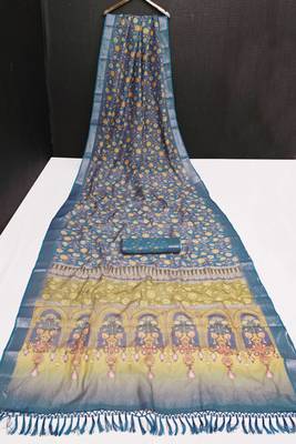 teal multicolor shimmer handloom cotton blend saree floral print 3