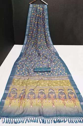 teal multicolor shimmer handloom cotton blend saree floral print