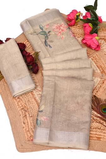 beige multicolor shimmer handloom cotton blend digital print saree (t sfhcs307)